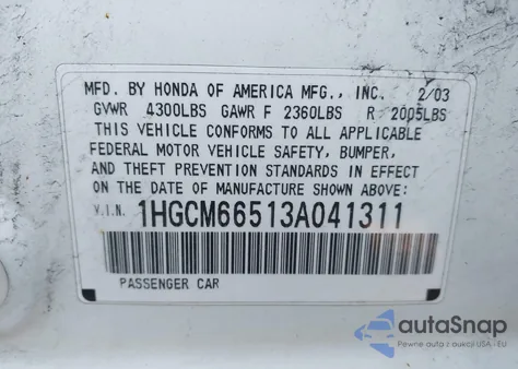 2003 Honda Accord 3.0 Ex z USA, uszkodzony, nr VIN 1HGCM66513A041311